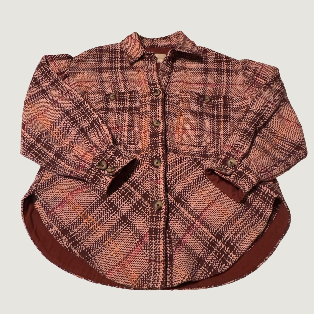 Anthropologie Plaid Textured Shacket Burgundy Pink Small Herringbone Knit Jacket